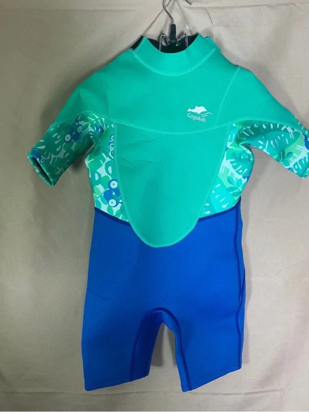 Gogokids Shorty Wetsuit Youth Size 7 Blue Green Excellent 2mm Neoprene Front Zip